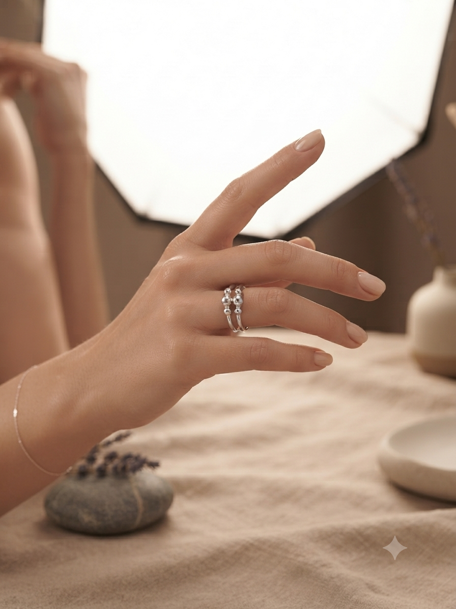 Silver Double Band Bead Ring - Minimalist Beaded Sphere Ring