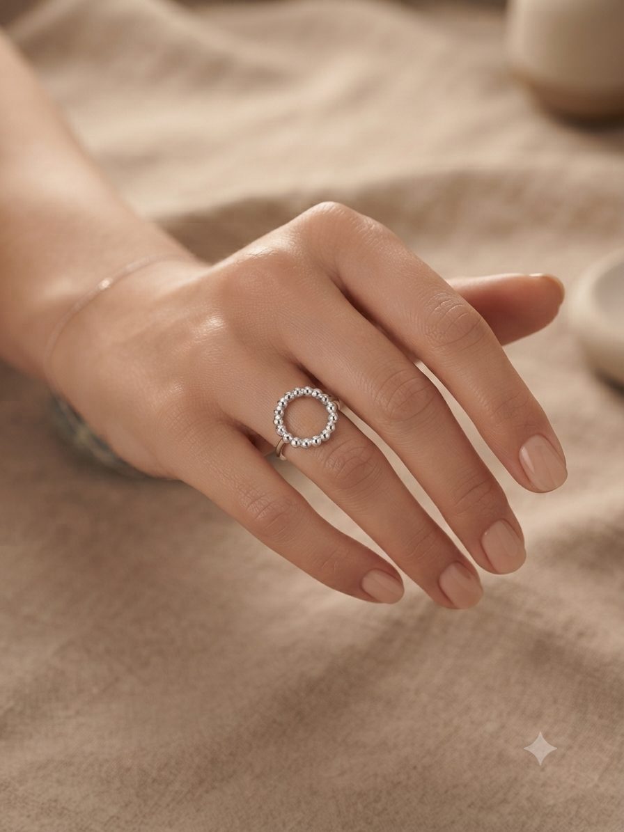 Silver Beaded Open Circle Ring - Karma Eternity Band