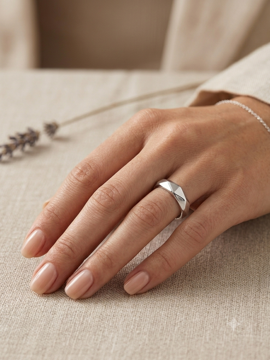 Silver Faceted Geometric Band - Adjustable Modern Prism Ring