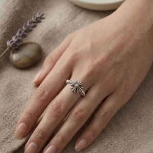 Silver Floral Cross Ring - Beaded Band Gothic Flower Ring
