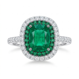 Alternative view of Silver Emerald Cushion Cut Ring - Double Halo Zircon Ring