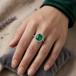 Silver Emerald Cushion Cut Ring - Double Halo Zircon Ring