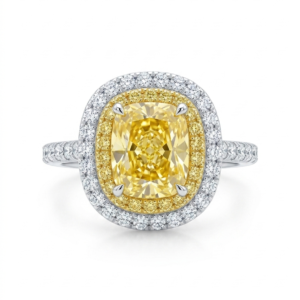 Alternative view of Silver Yellow Canary CZ Cushion Ring - Double Halo Statement Ring
