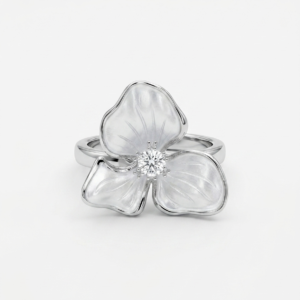 Alternative view of Silver White Enamel Flower Ring - CZ Floral Statement Ring