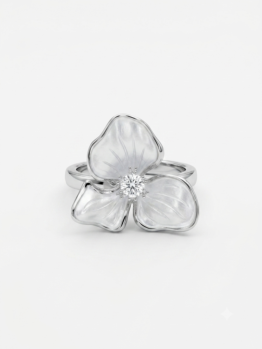 Silver White Enamel Flower Ring - CZ Floral Statement Ring - Image 2