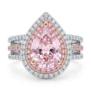 Alternative view of Silver Pear Cut Pink CZ Ring - Two-Tone Double Halo Split Shank Ring