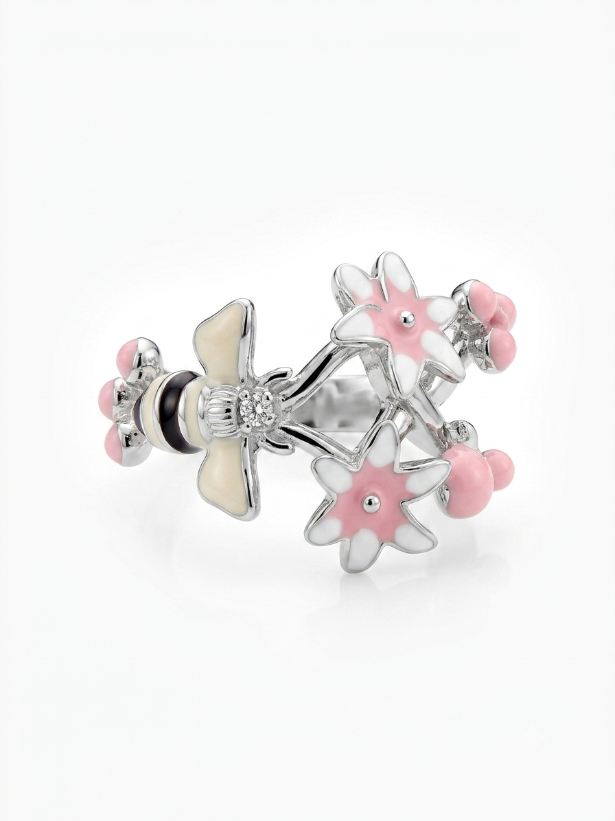 Silver Enamel Honeybee & Flower Ring - Garden Nature Ring - Image 2