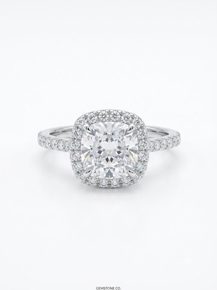 Silver Cushion Cut Halo Ring - Classic Pave Engagement Band - Image 2