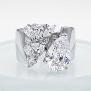 Alternative view of Silver Pear Cut Cluster Open Ring - Wide Band Statement Ring