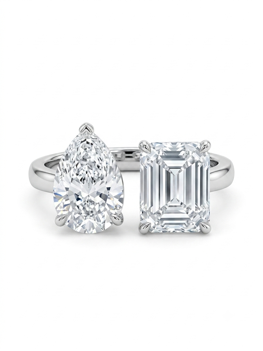 Silver Toi et Moi Ring - Pear & Emerald Cut Open Ring - Image 2