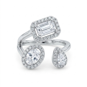 Silver Multi-Shape Gem Open Ring - Emerald Oval Pear Halo Ring - Image 2