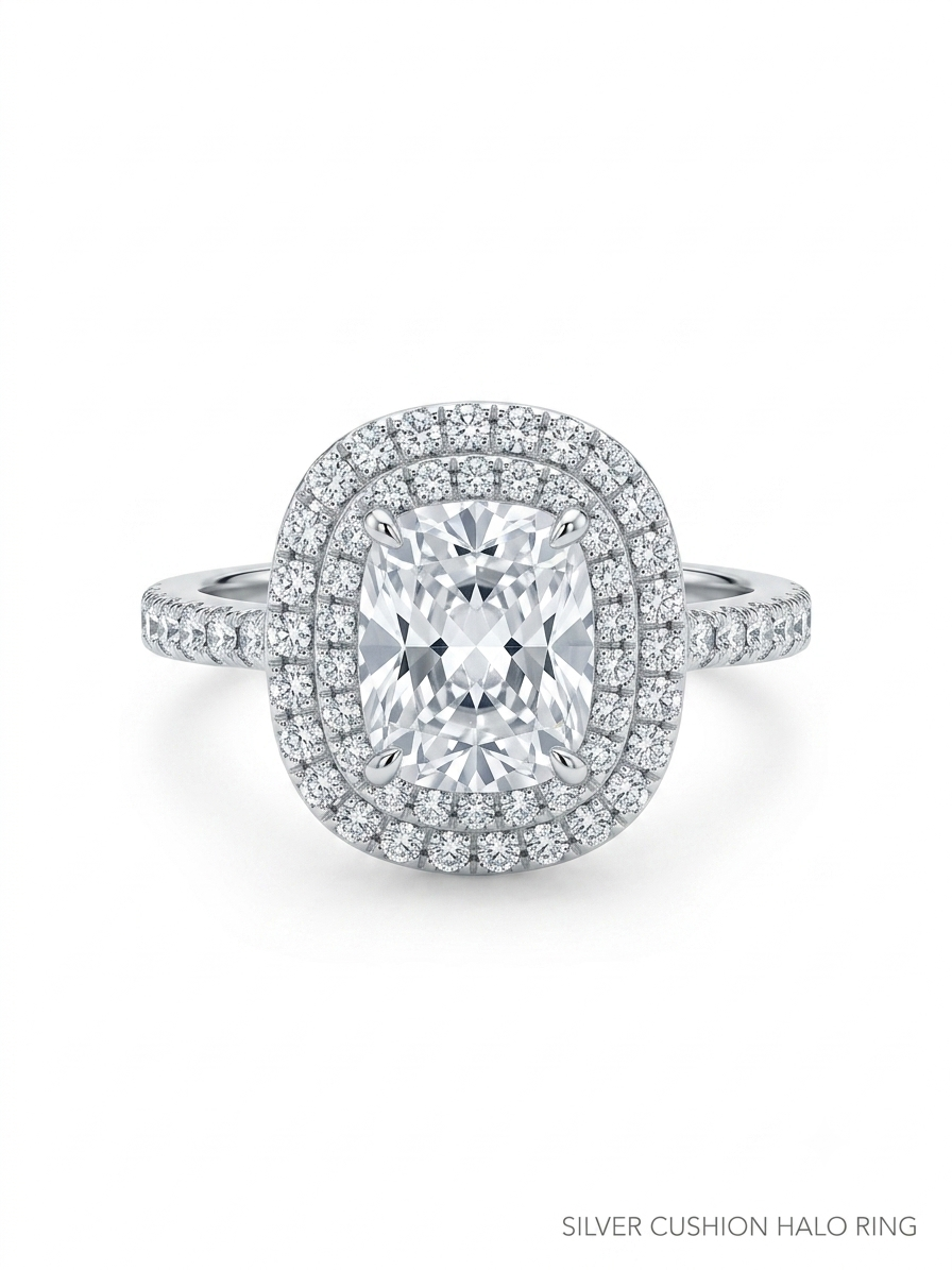 Silver Cushion Cut Double Halo Ring - CZ Engagement Band - Image 2