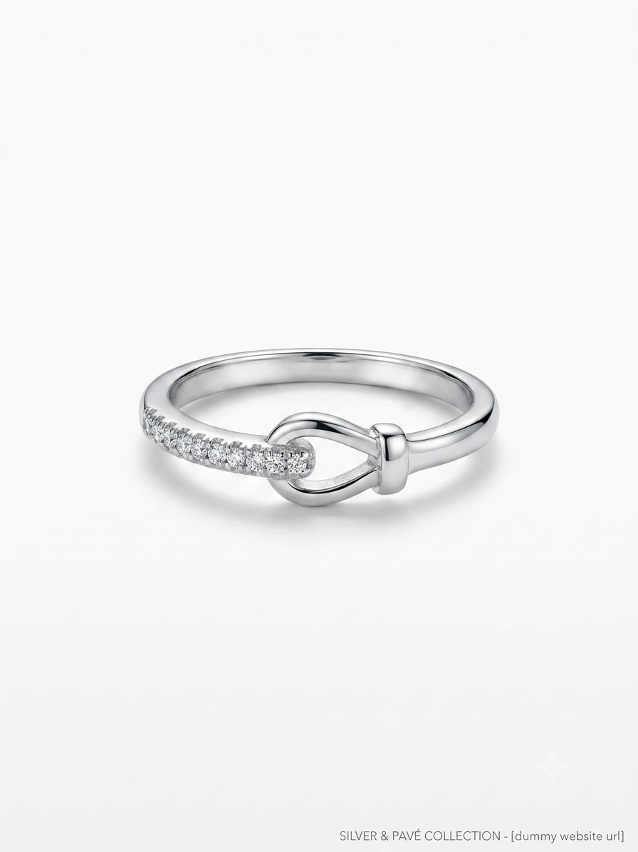 Silver Pavé Knot Ring - Interlocking Buckle Promise Band - Image 2