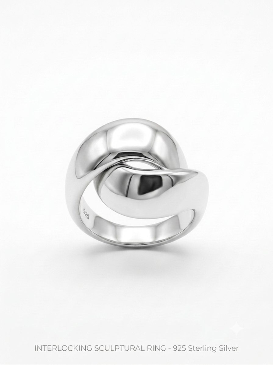 Silver Interlocking Sculptural Ring - Chunky Dome Wave Band - Image 2