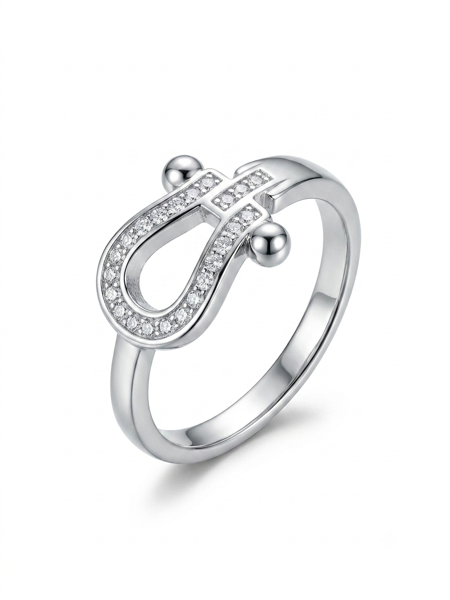 Silver Horseshoe Buckle Ring - Pavé CZ Marine Shackle Band