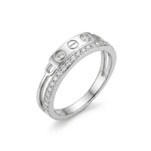 Alternative view of Silver Screw Motif Double Band Ring - Pavé CZ Split Band