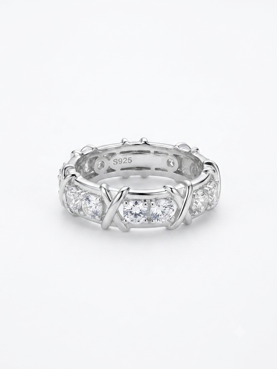 Silver Cross Stitch CZ Eternity Ring - X-Motif Eternity Band - Image 2