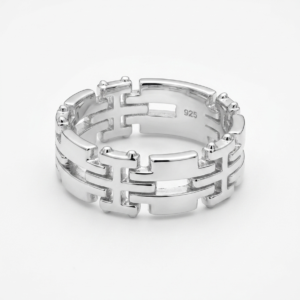 Alternative view of Silver Geometric H Link Ring - Wide Cutout Band