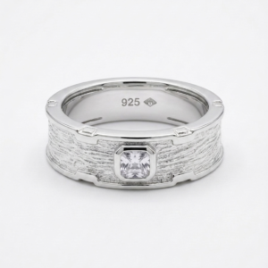 Alternative view of Silver Textured Bark Ring - Bezel Set Square CZ Band