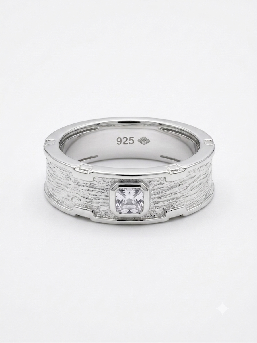 Silver Textured Bark Ring - Bezel Set Square CZ Band - Image 2