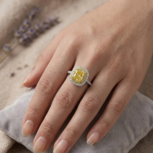Silver Yellow Canary CZ Cushion Ring - Double Halo Statement Ring