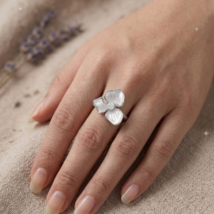 Silver White Enamel Flower Ring - CZ Floral Statement Ring