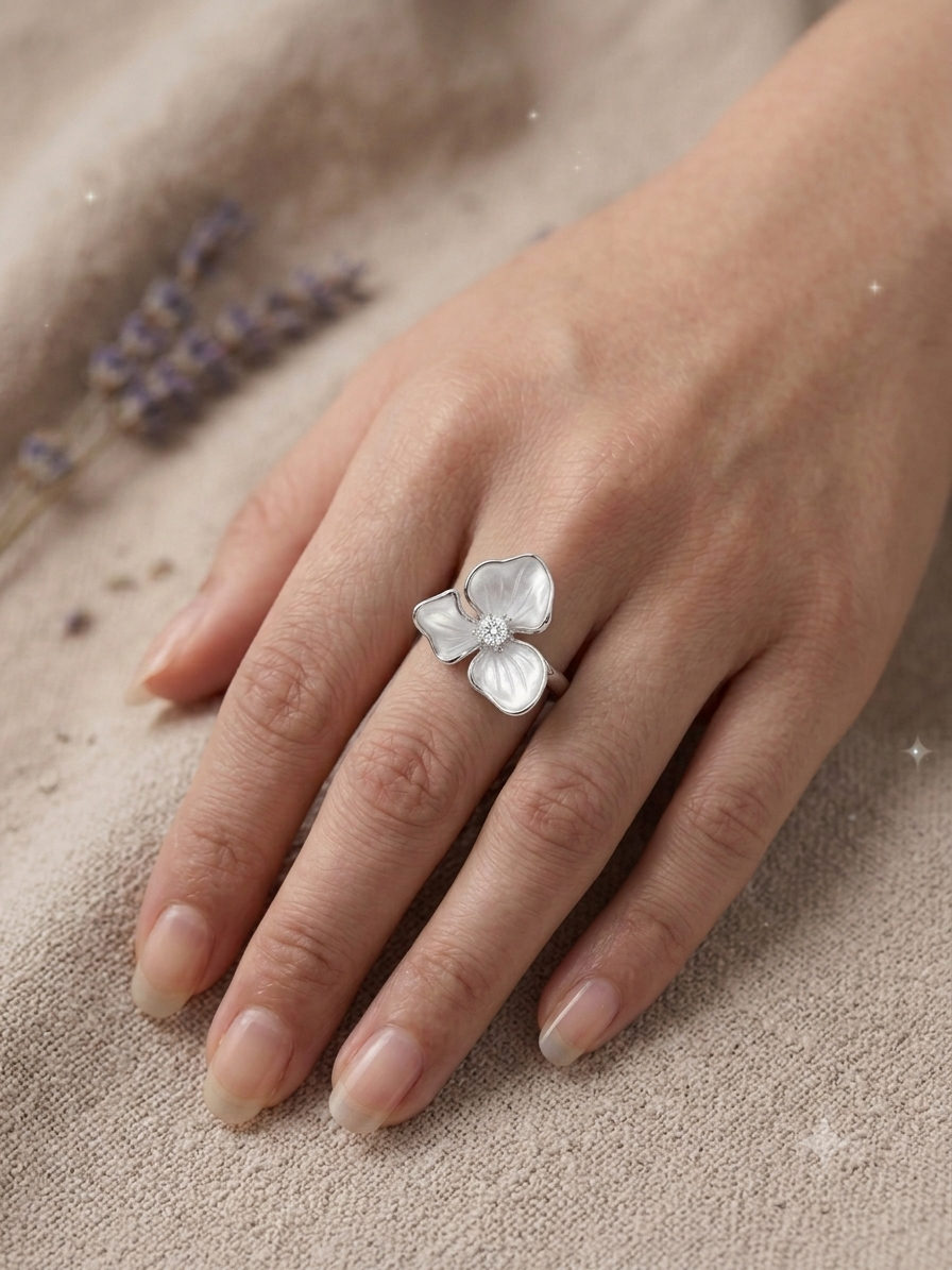 Silver White Enamel Flower Ring - CZ Floral Statement Ring