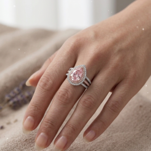 Silver Pear Cut Pink CZ Ring - Two-Tone Double Halo Split Shank Ring