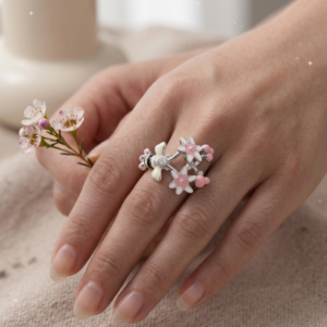 Silver Enamel Honeybee & Flower Ring - Garden Nature Ring