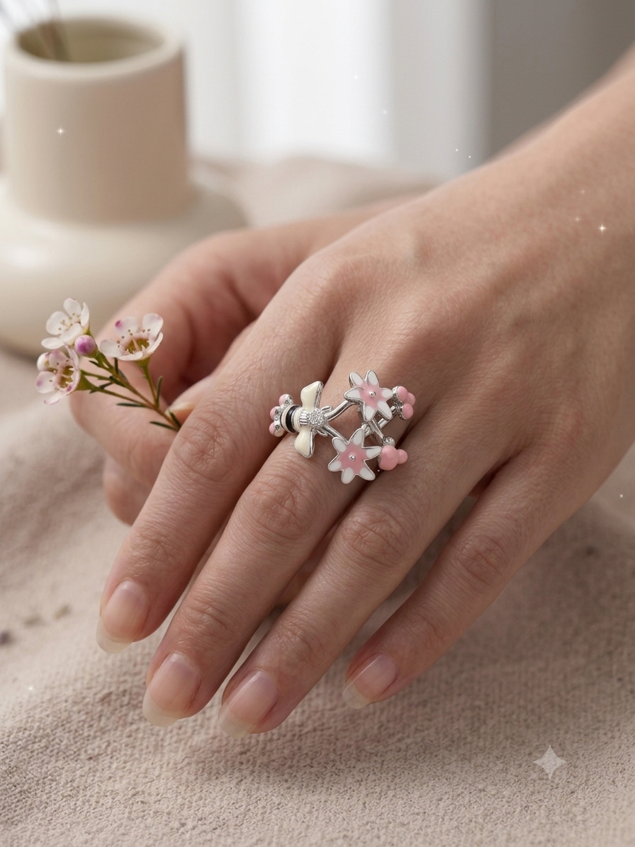 Silver Enamel Honeybee & Flower Ring - Garden Nature Ring