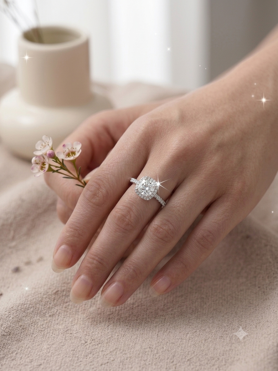 Silver Cushion Cut Halo Ring - Classic Pave Engagement Band
