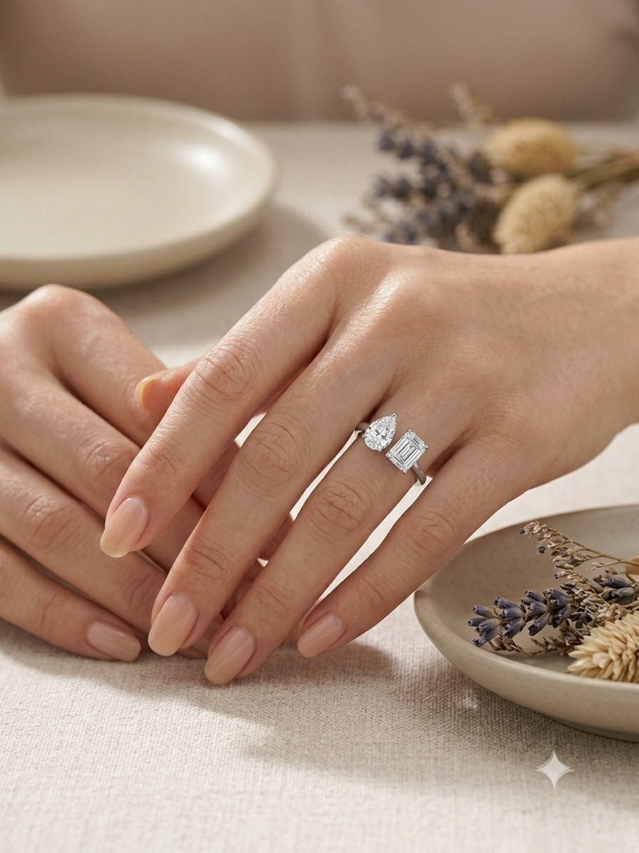 Silver Toi et Moi Ring - Pear & Emerald Cut Open Ring