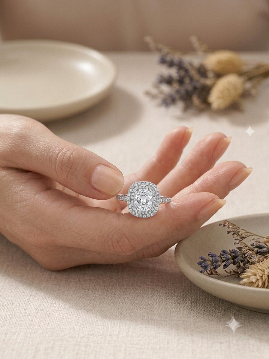 Silver Cushion Cut Double Halo Ring - CZ Engagement Band