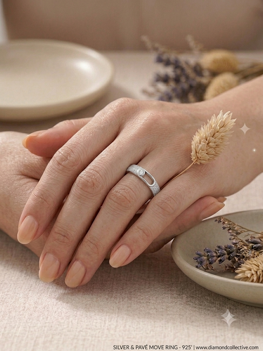 Silver Moving Diamond CZ Ring - Pavé Move Track Band