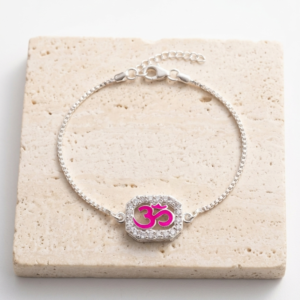 Silver Pink Enamel Om Rakhi Bracelet | Silveria