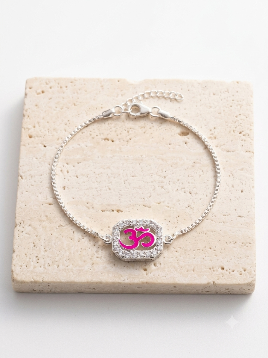 Silver Pink Enamel Om Rakhi Bracelet | Silveria