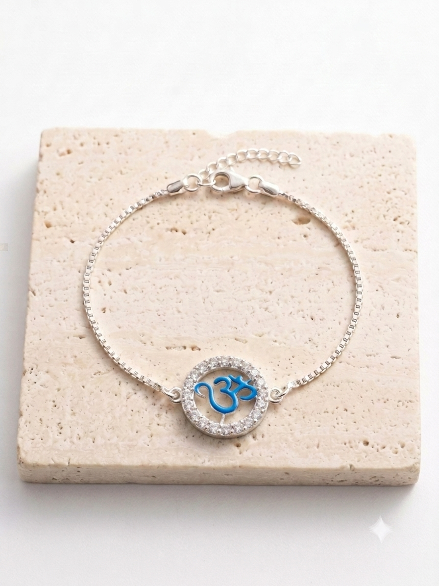 Silver Blue Enamel Om Rakhi Bracelet | Silveria