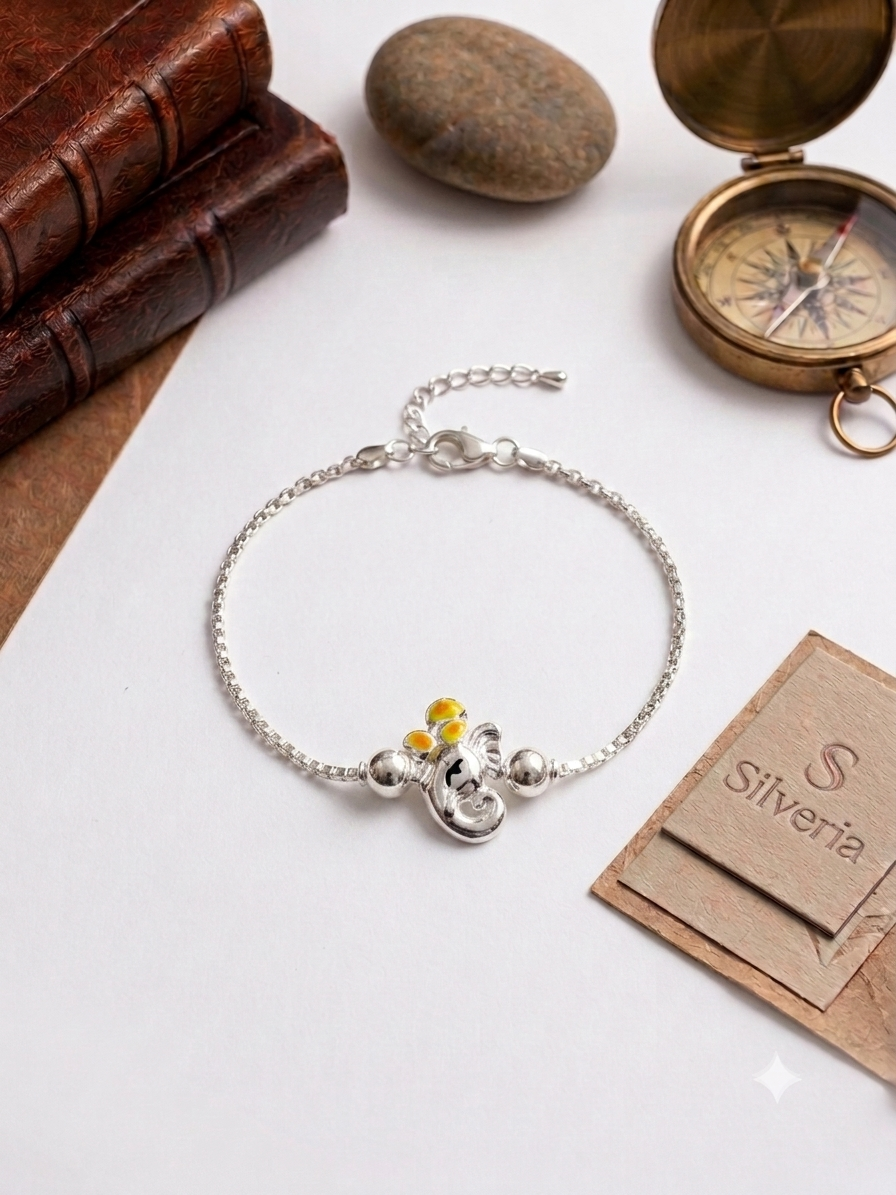 Silver Yellow Enamel Ganesha Rakhi | Silveria