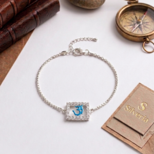 Silver Square Blue Om Rakhi Bracelet | Silveria