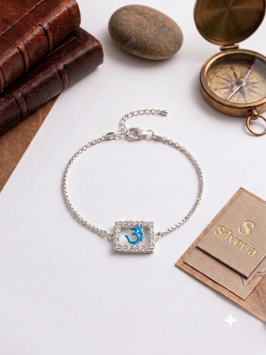 Silver Square Blue Om Rakhi Bracelet | Silveria