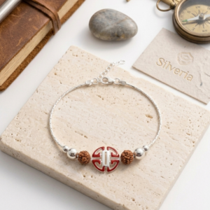 Silver Geometric Red Enamel Rudraksha Rakhi | Silveria