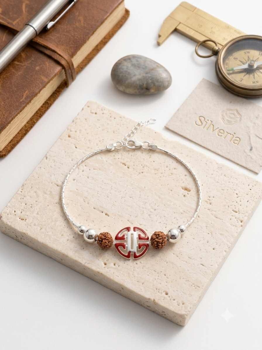 Silver Geometric Red Enamel Rudraksha Rakhi | Silveria