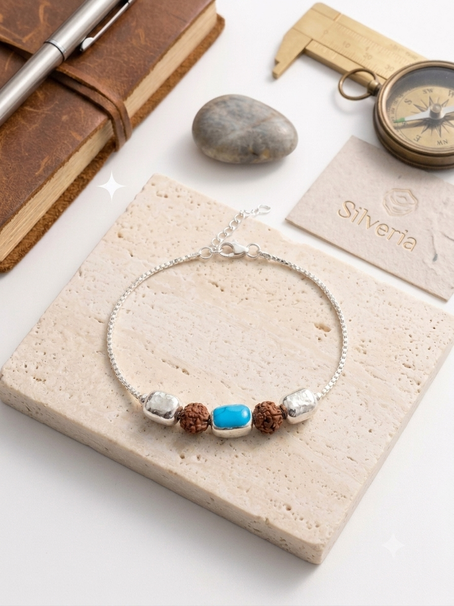 Silver Turquoise & Rudraksha Rakhi | Silveria
