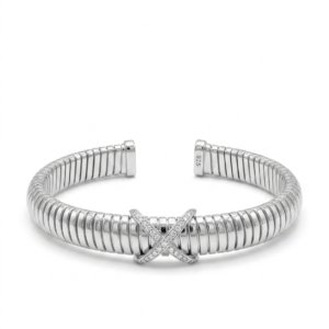 Silver Signature Ribbed 'X' Motifs Open Cuff Kada