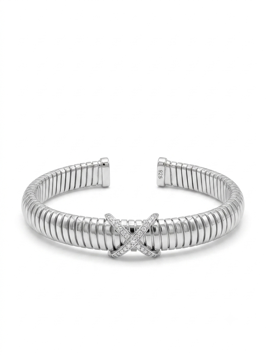 Silver Signature Ribbed 'X' Motifs Open Cuff Kada
