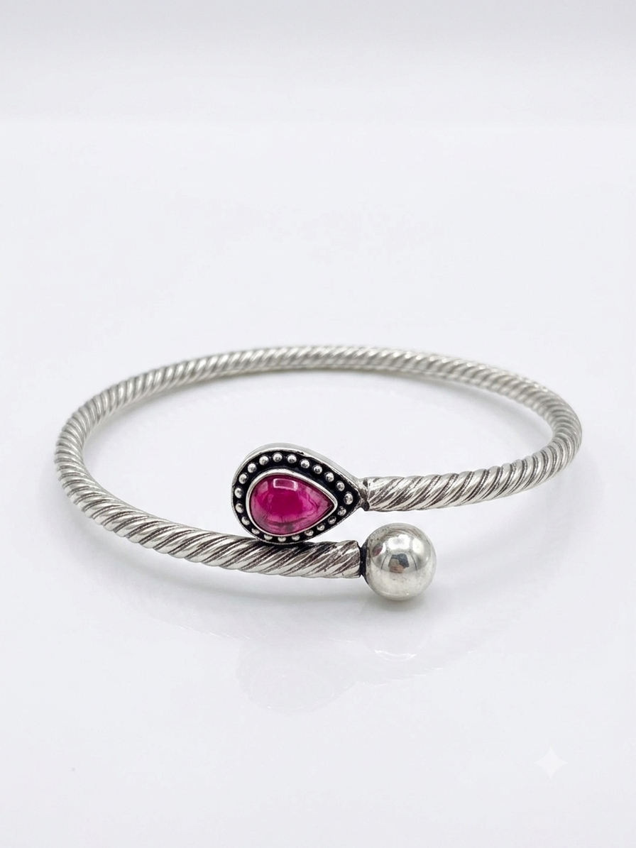 Silver Vintage Twisted Ruby-Pink Jaipuri Kada