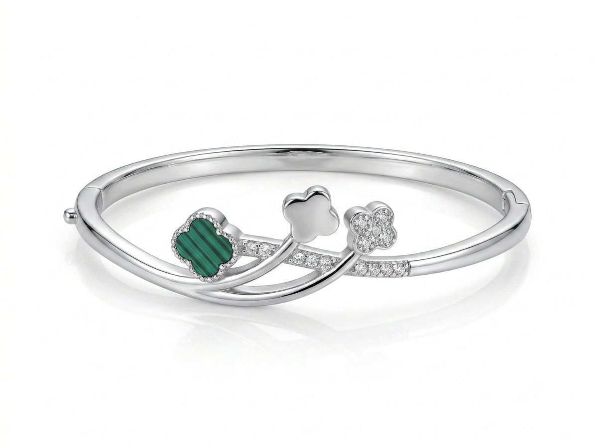 Silver Enchanted Trinity Clover Malachite Kada