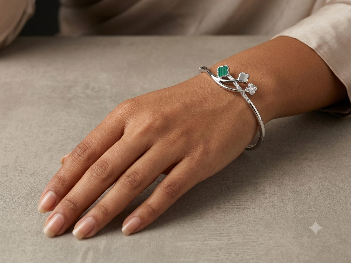 Silver Enchanted Trinity Clover Malachite Kada - Image 2