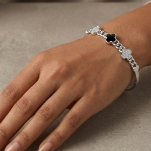 Alternative view of Silver Starlit Quatrefoil Cz Clover Kada
