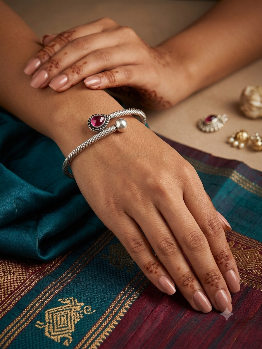 Silver Vintage Twisted Ruby-Pink Jaipuri Kada - Image 2